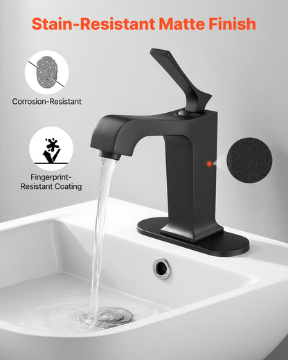 Single Handle Sink Faucet, Matte Black Finish Faucet Kitchen Sink, Kitchen Water Faucets with Push-Button Drain, Suitable for Bathroom, RV, Bar Sink, Public Restroom, Waterfall-Style Spout