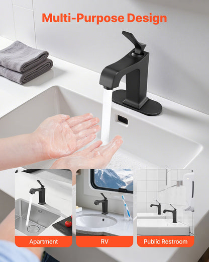 Single Handle Sink Faucet, Matte Black Finish Faucet Kitchen Sink, Kitchen Water Faucets with Push-Button Drain, Suitable for Bathroom, RV, Bar Sink, Public Restroom, Waterfall-Style Spout