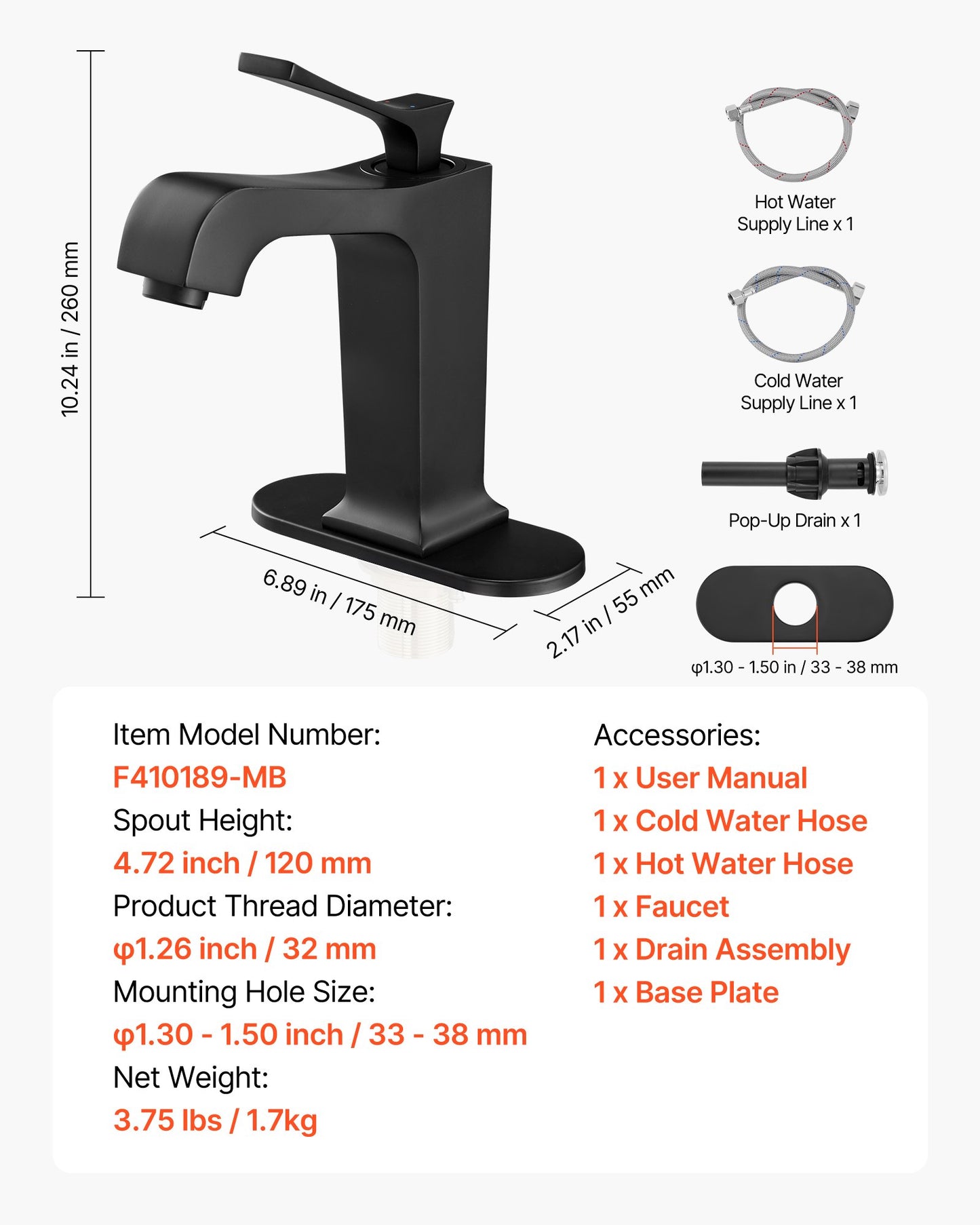 Single Handle Sink Faucet, Matte Black Finish Faucet Kitchen Sink, Kitchen Water Faucets with Push-Button Drain, Suitable for Bathroom, RV, Bar Sink, Public Restroom, Waterfall-Style Spout
