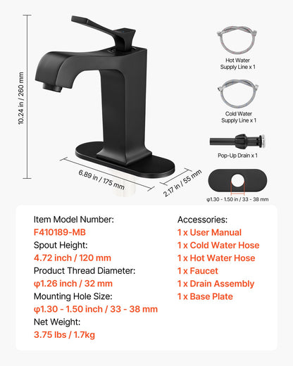 Single Handle Sink Faucet, Matte Black Finish Faucet Kitchen Sink, Kitchen Water Faucets with Push-Button Drain, Suitable for Bathroom, RV, Bar Sink, Public Restroom, Waterfall-Style Spout