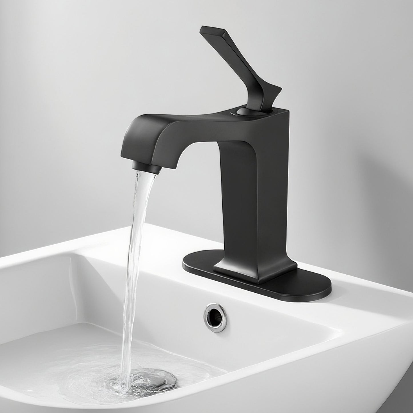 Single Handle Sink Faucet, Matte Black Finish Faucet Kitchen Sink, Kitchen Water Faucets with Push-Button Drain, Suitable for Bathroom, RV, Bar Sink, Public Restroom, Waterfall-Style Spout