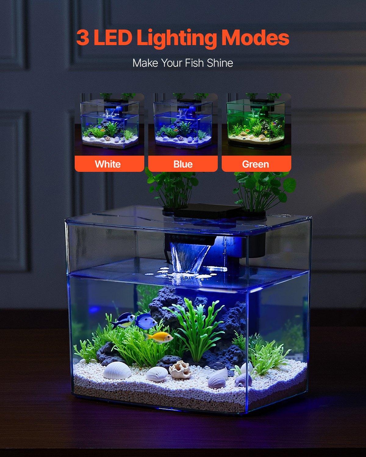 Fish Tank Aquarium, 3.5 Gallon Arch Ultra-Clear GPPS Starter Smart Tank Adjustable 3 Color Lighting, Self Cleaning System Fishbowl for Freshwater & Saltwater Fish Home, Office, or Pet Use