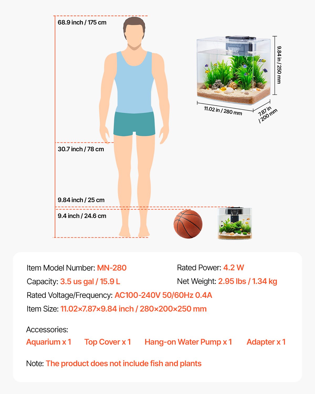 Fish Tank Aquarium, 3.5 Gallon Arch Ultra-Clear GPPS Starter Smart Tank Adjustable 3 Color Lighting, Self Cleaning System Fishbowl for Freshwater & Saltwater Fish Home, Office, or Pet Use