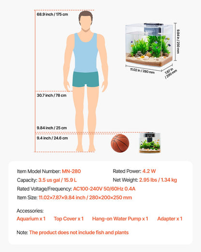 Fish Tank Aquarium, 3.5 Gallon Arch Ultra-Clear GPPS Starter Smart Tank Adjustable 3 Color Lighting, Self Cleaning System Fishbowl for Freshwater & Saltwater Fish Home, Office, or Pet Use