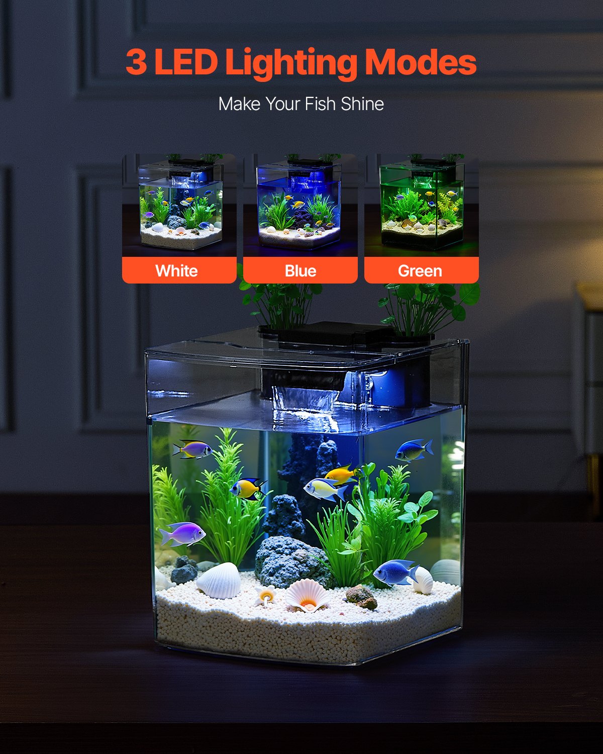 Fish Tank Aquarium, 2 Gallon Arch Ultra-Clear GPPS Starter Smart Tank Adjustable 3 Color Lighting, Self Cleaning System Fishbowl for Freshwater & Saltwater Fish Home, Office, or Pet Use