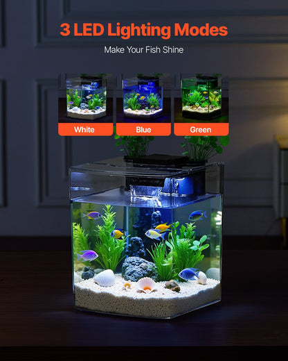 Fish Tank Aquarium, 2 Gallon Arch Ultra-Clear GPPS Starter Smart Tank Adjustable 3 Color Lighting, Self Cleaning System Fishbowl for Freshwater & Saltwater Fish Home, Office, or Pet Use