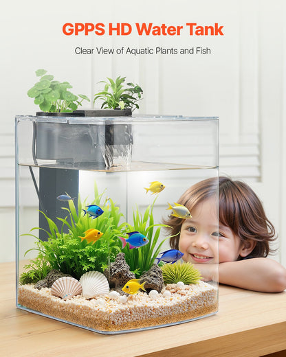 Fish Tank Aquarium, 2 Gallon Arch Ultra-Clear GPPS Starter Smart Tank Adjustable 3 Color Lighting, Self Cleaning System Fishbowl for Freshwater & Saltwater Fish Home, Office, or Pet Use