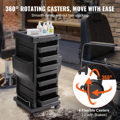 Ultimativer Salon-Trolley-Wagen, abschließbarer Schönheitssalon-Trolley für Stylisten mit 6 herausnehmbaren Schubladen und Werkzeughalter, Friseurwagen aus Kunststoff mit feststellbaren Rädern für Beauty-SPA-Barbier
