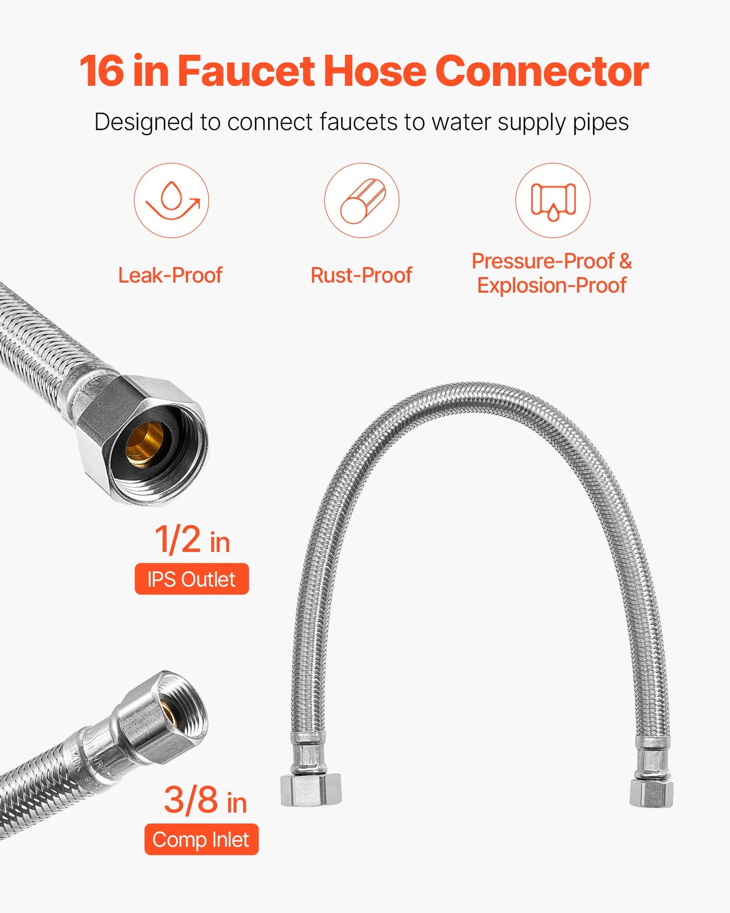 Faucet Hose Connector, 16-Inch Length, 3/8 Inch Comp x 1/2 Inch FIP 10-Pack Braided Stainless Steel Faucet Supply Line, Faucet Hose Connects Kitchen Bathroom Sink to Water Supply, Certified Safe