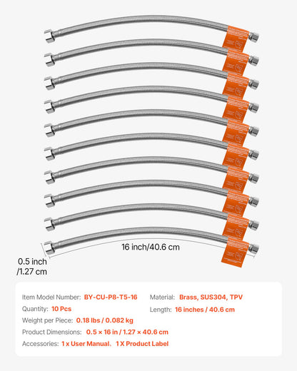 Faucet Hose Connector, 16-Inch Length, 3/8 Inch Comp x 1/2 Inch FIP 10-Pack Braided Stainless Steel Faucet Supply Line, Faucet Hose Connects Kitchen Bathroom Sink to Water Supply, Certified Safe