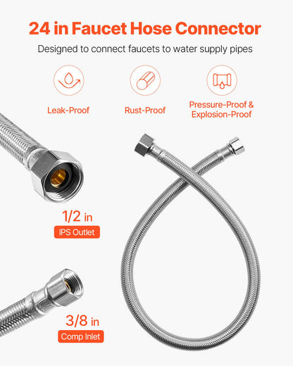Faucet Hose Connector, 24-Inch Length, 3/8 Inch Comp x 1/2 Inch FIP 2-Pack Braided Stainless Steel Faucet Supply Line, Faucet Hose Connects Kitchen Bathroom Sink to Water Supply, Certified Safe