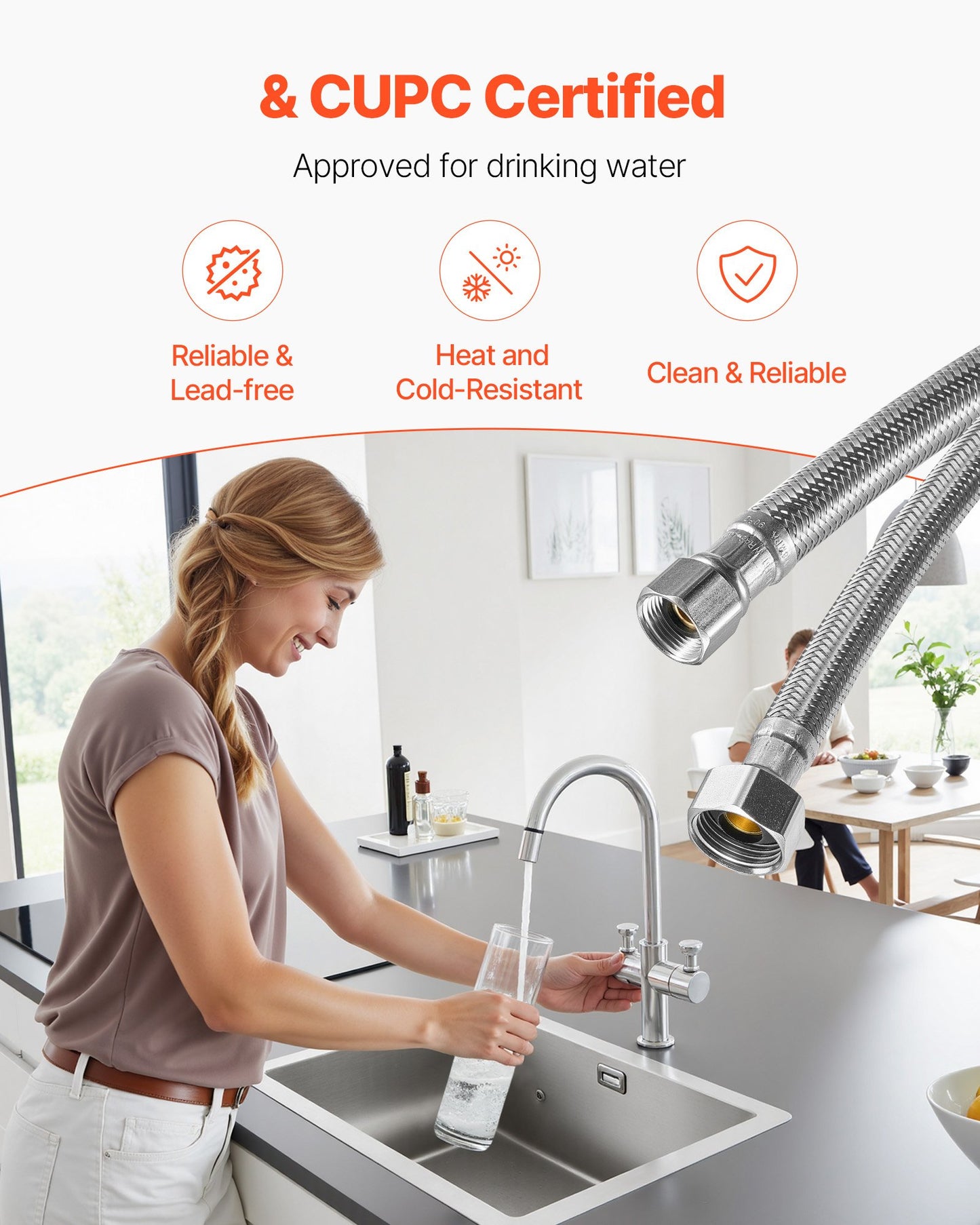 Faucet Hose Connector, 24-Inch Length, 3/8 Inch Comp x 1/2 Inch FIP 2-Pack Braided Stainless Steel Faucet Supply Line, Faucet Hose Connects Kitchen Bathroom Sink to Water Supply, Certified Safe