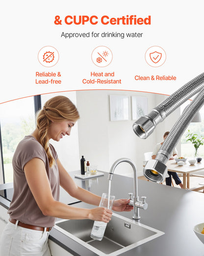 Faucet Hose Connector, 24-Inch Length, 3/8 Inch Comp x 1/2 Inch FIP 2-Pack Braided Stainless Steel Faucet Supply Line, Faucet Hose Connects Kitchen Bathroom Sink to Water Supply, Certified Safe