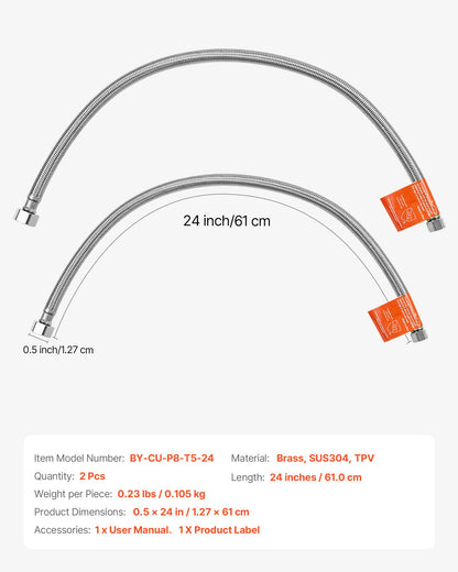 Faucet Hose Connector, 24-Inch Length, 3/8 Inch Comp x 1/2 Inch FIP 2-Pack Braided Stainless Steel Faucet Supply Line, Faucet Hose Connects Kitchen Bathroom Sink to Water Supply, Certified Safe