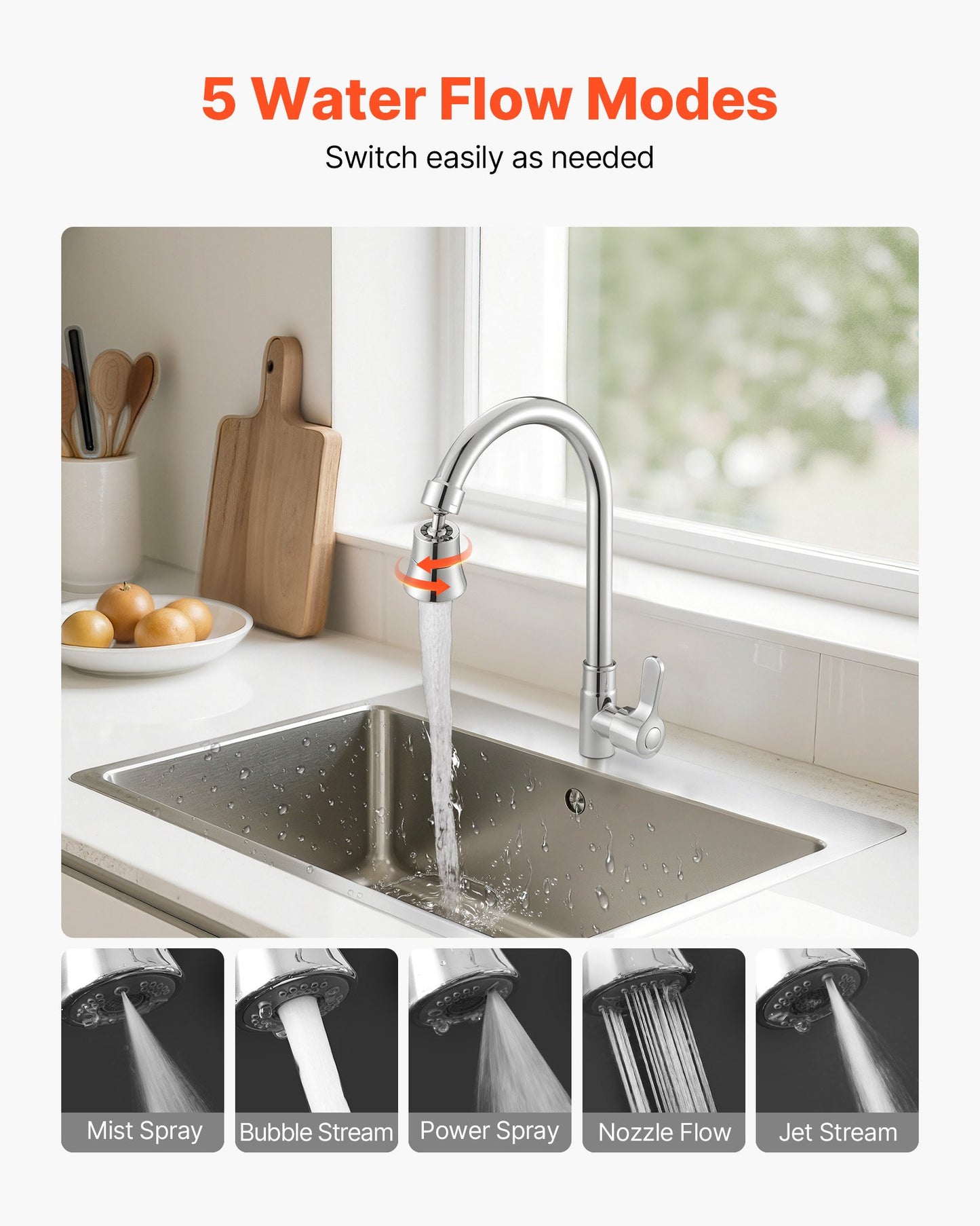 Faucet Aerator, 360° Swivel Kitchen Sink Aerator, 5-Function 5-Flow Sink Sprayer Attachment, Bathroom Faucet Extender Head Replacement for 15/16 inch Female Thread with Adapter & 55/64 inch Male