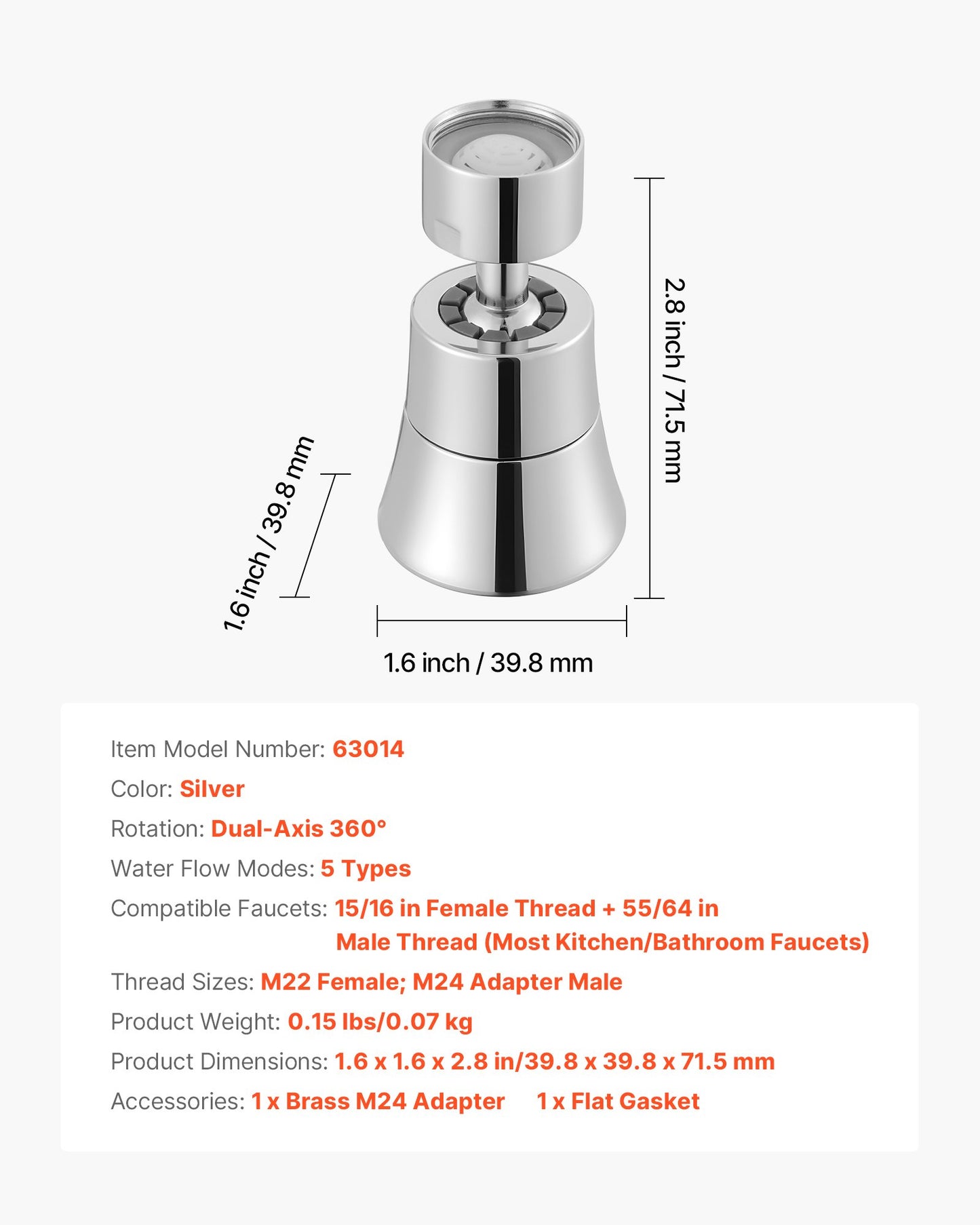Faucet Aerator, 360° Swivel Kitchen Sink Aerator, 5-Function 5-Flow Sink Sprayer Attachment, Bathroom Faucet Extender Head Replacement for 15/16 inch Female Thread with Adapter & 55/64 inch Male