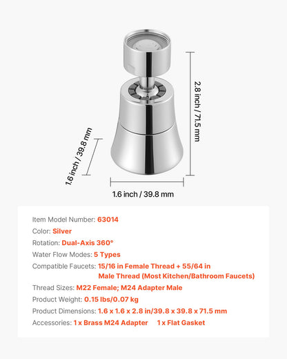 Faucet Aerator, 360° Swivel Kitchen Sink Aerator, 5-Function 5-Flow Sink Sprayer Attachment, Bathroom Faucet Extender Head Replacement for 15/16 inch Female Thread with Adapter & 55/64 inch Male