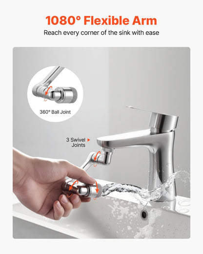 1080° Swivel Faucet Extender, 2 Sprayer Modes Sink Water Faucet Aerator Extension, Kitchen Bathroom Rotatable Spray Attachment with Brass Robotic Arm, Rotating Splash Filter Wash Hand/Hair/Face