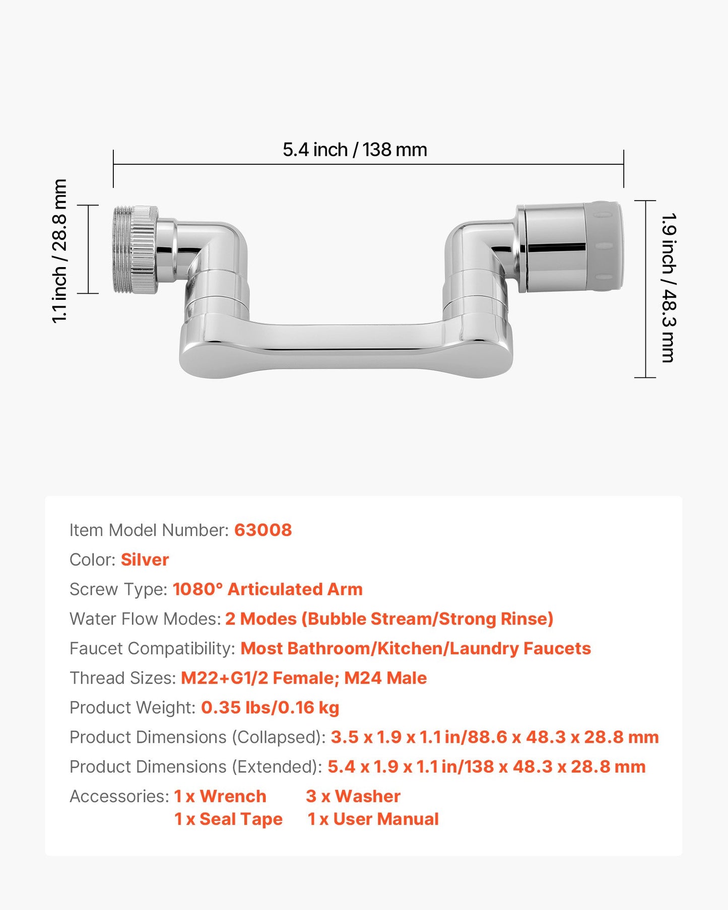 1080° Swivel Faucet Extender, 2 Sprayer Modes Sink Water Faucet Aerator Extension, Kitchen Bathroom Rotatable Spray Attachment with Brass Robotic Arm, Rotating Splash Filter Wash Hand/Hair/Face