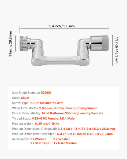 1080° Swivel Faucet Extender, 2 Sprayer Modes Sink Water Faucet Aerator Extension, Kitchen Bathroom Rotatable Spray Attachment with Brass Robotic Arm, Rotating Splash Filter Wash Hand/Hair/Face