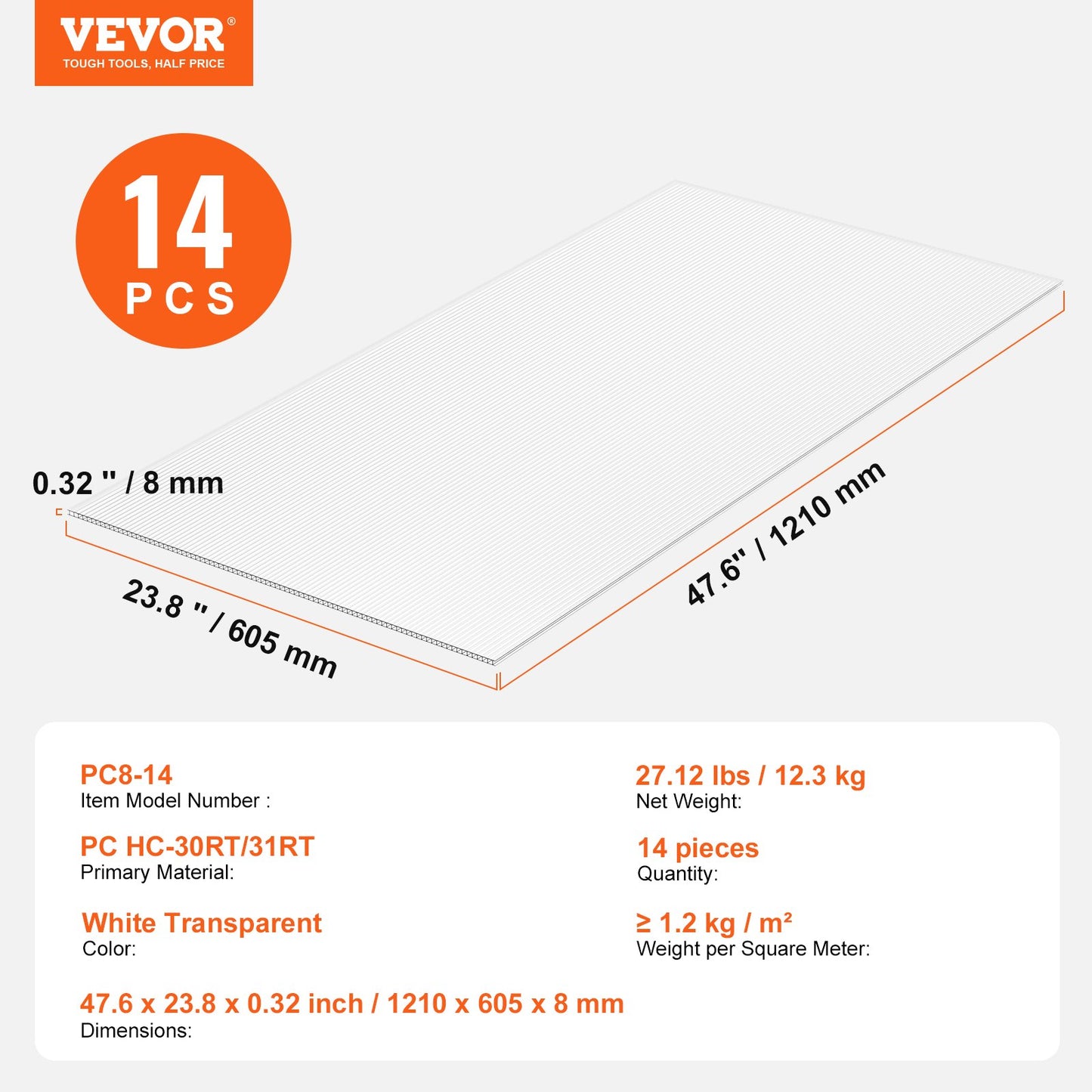 14er-Packung Polycarbonat-Gewächshausplatten 2' X 4' X 0,32'' Dachblech