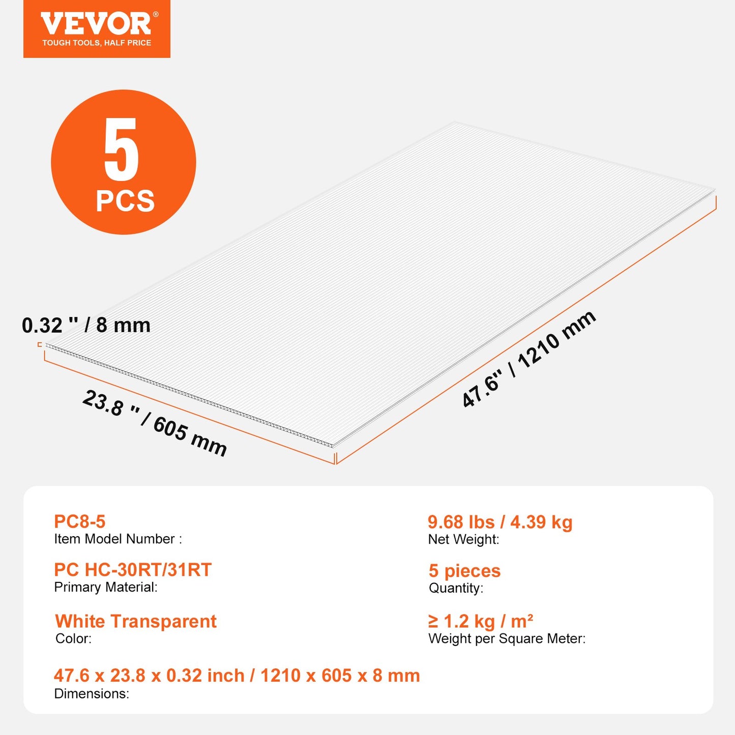 5-pack polycarbonate greenhouse panels 2' X 4' X 0.32'' roof sheets
