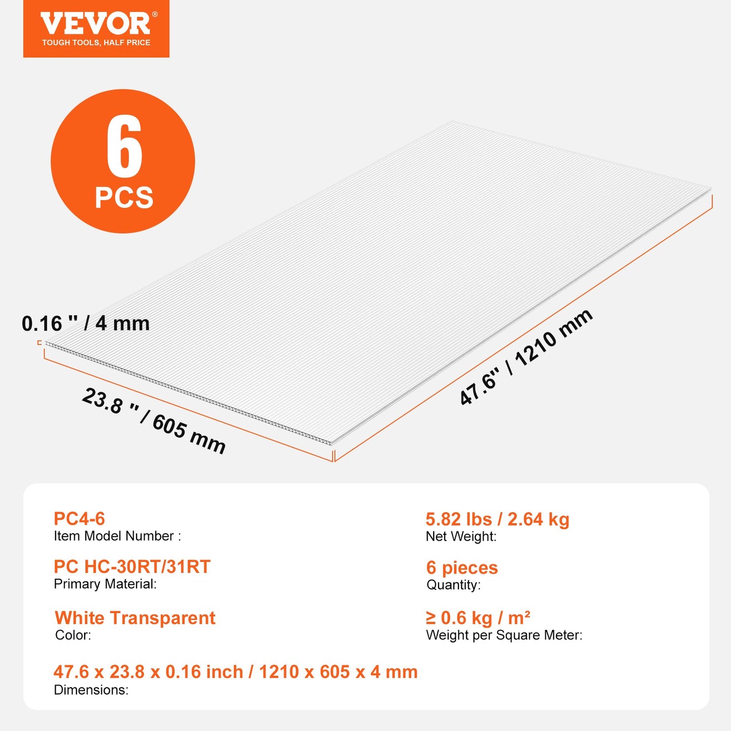 6er-Pack Polycarbonat-Gewächshausplatten 2' X 4' X 0,16'' Dachplatten