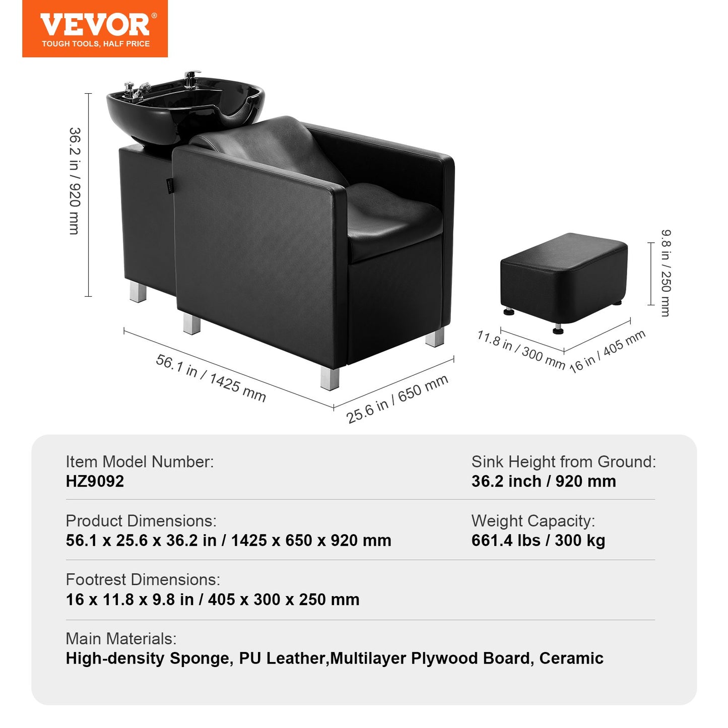 Shampoo Backwash Chair Salon & Spa Hårtvättstation med brett fotstöd