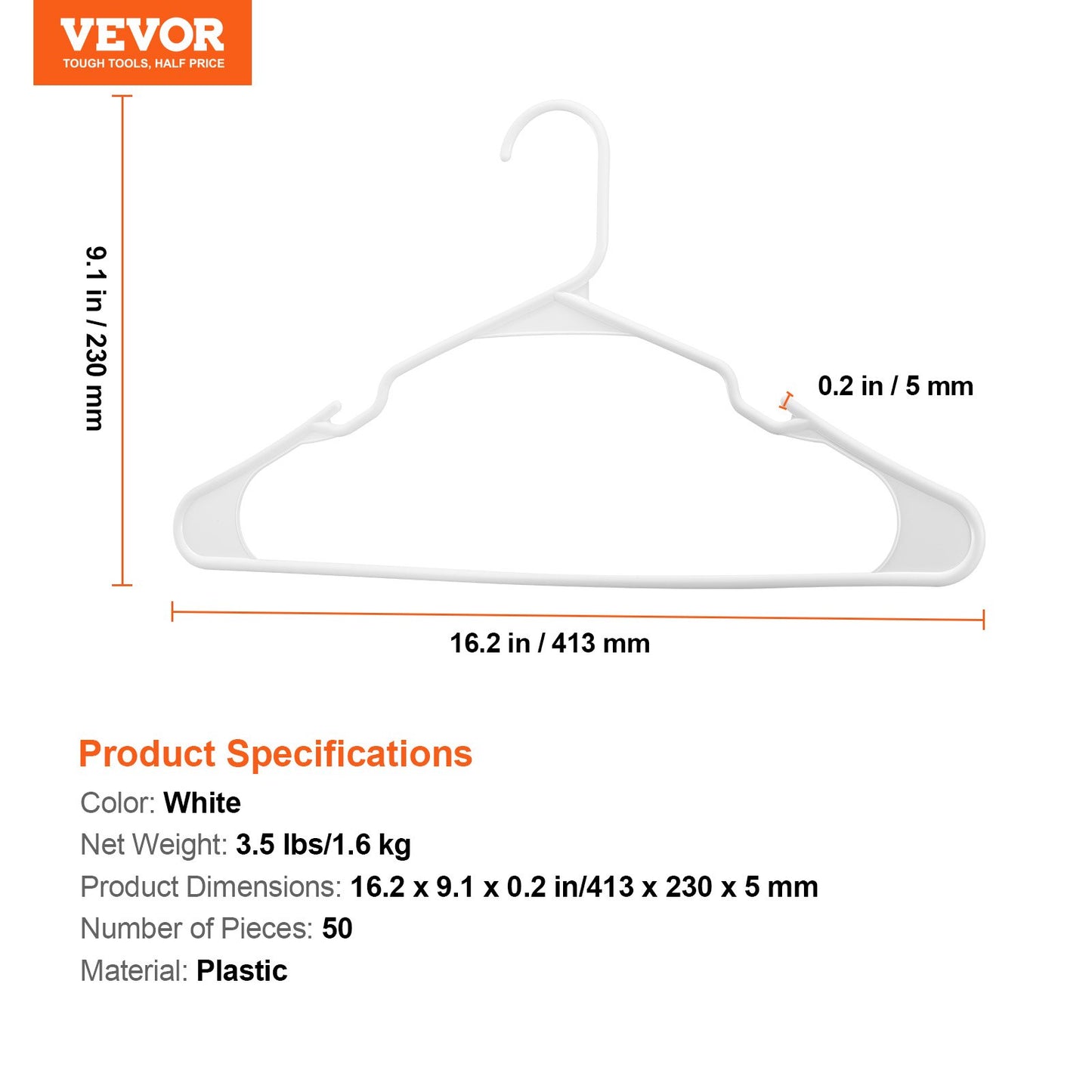 Hangers, 0.2 in Ultra-Thin, 50 Pack White Plastic Hangers with Stable Triangular Top Structure & Wider Notch Design , Non-Slip Space Saving Hangers, Fit for T-Shirt, Shirt, Sling & Pant