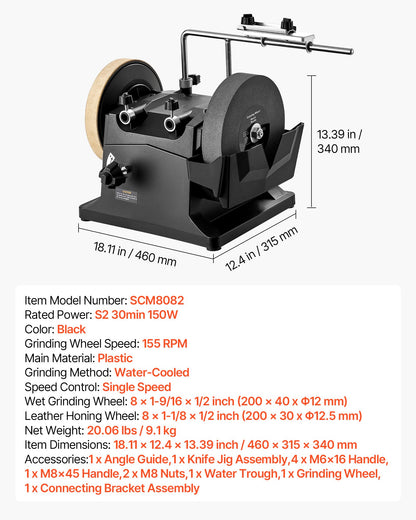 8-Inch Wet Sharpening System, Water-Cooled Knife Grinder Machine with 155 RPM Grinding Speed, Vertical/Horizontal Two-Direction Wet Stone Grinder, Wet Bench Grinder for Knife, Chisel, Knife, Axe