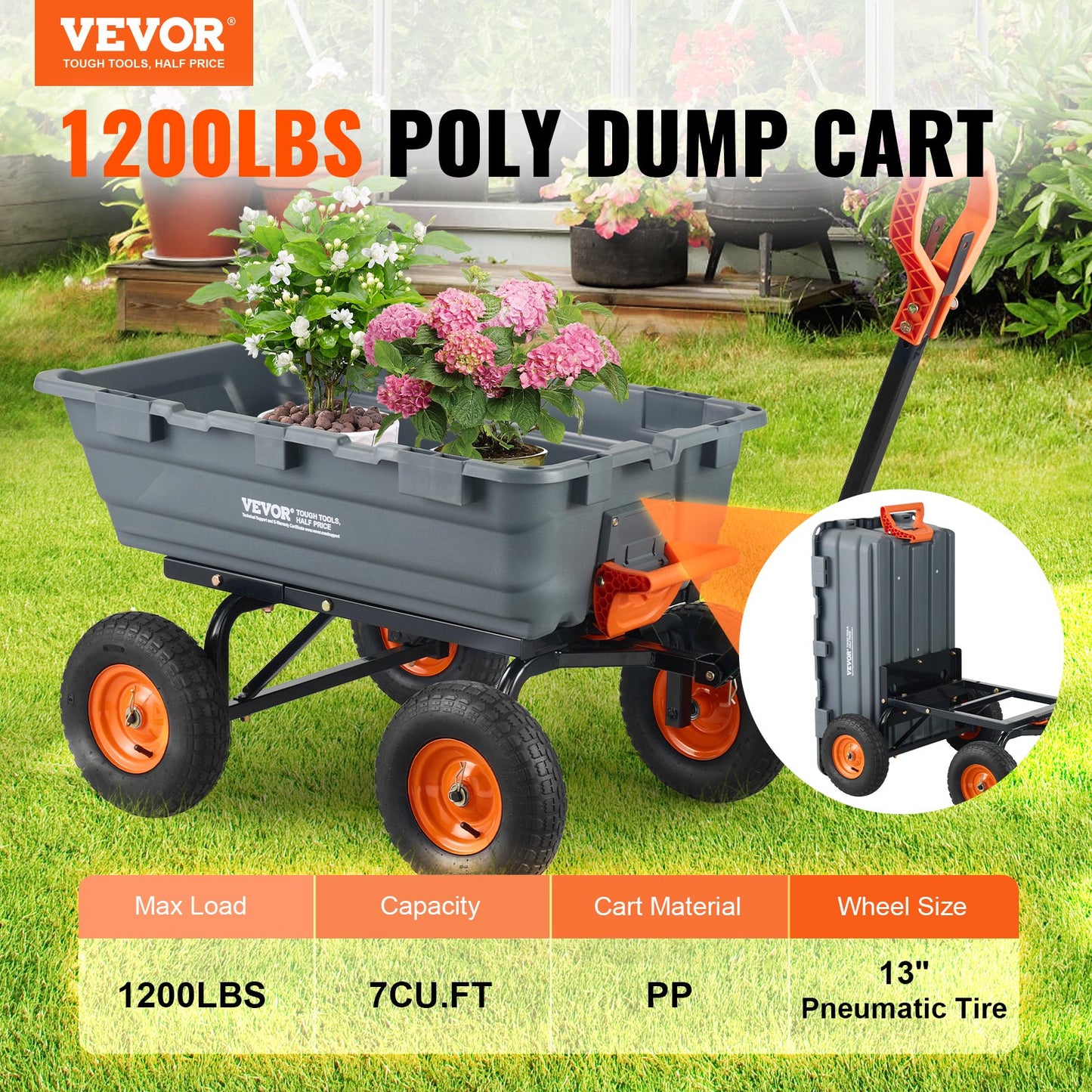 Poly Garden Dump Cart Hochleistungs-Gartenkarren und -wagen 6,48 Kubikfuß 1200 lbs