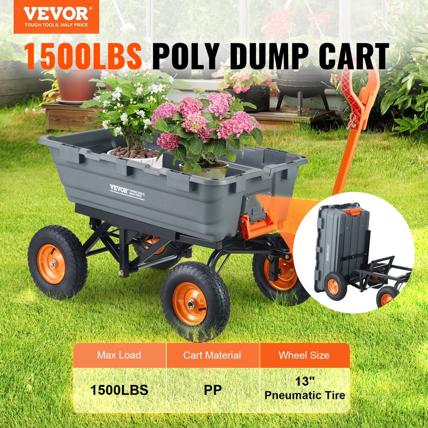 Poly Garden Dump Cart Kraftiga gårdsvagnar och vagnar 1500 lbs 13" däck