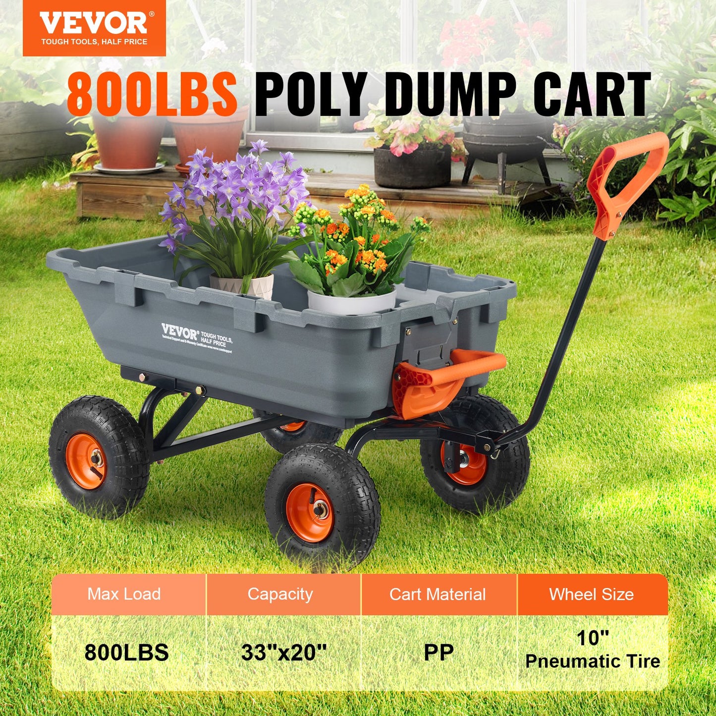 Poly Garden Dump Cart Kraftiga gårdsvagnar och vagnar 800 lbs 10" däck