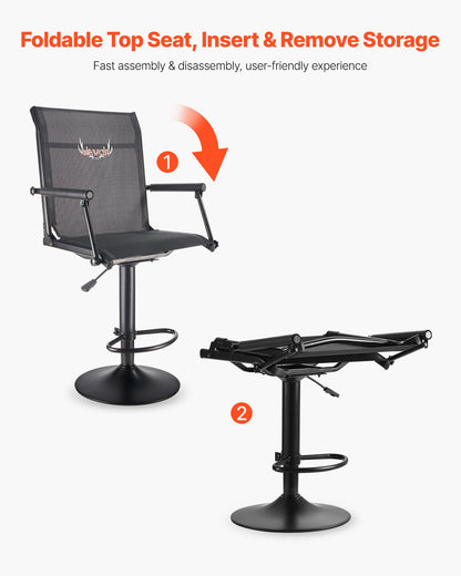 Hunting Chair, 360° Silent Swivel, Lightweight Blind Chair, Heavy-Duty Steel Frame Ground Stool Seat, with Padded Armrests, Height Adjustable, 300 Lbs Capacity, for Outdoor Fishing, Camping