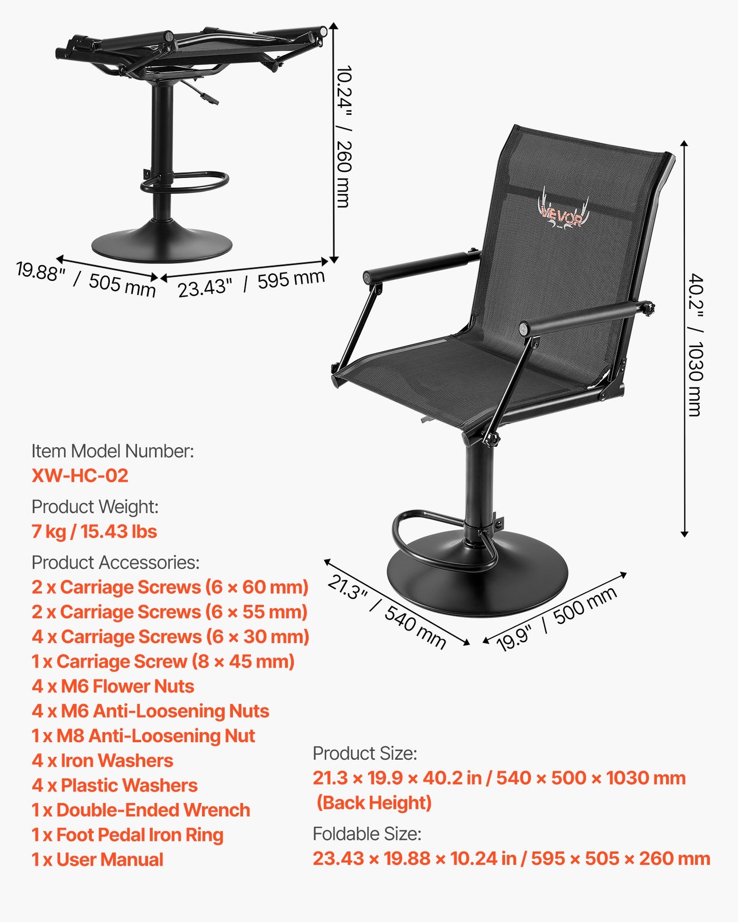 Hunting Chair, 360° Silent Swivel, Lightweight Blind Chair, Heavy-Duty Steel Frame Ground Stool Seat, with Padded Armrests, Height Adjustable, 300 Lbs Capacity, for Outdoor Fishing, Camping