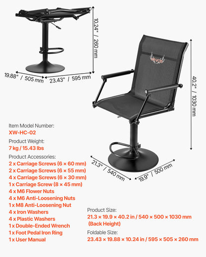 Hunting Chair, 360° Silent Swivel, Lightweight Blind Chair, Heavy-Duty Steel Frame Ground Stool Seat, with Padded Armrests, Height Adjustable, 300 Lbs Capacity, for Outdoor Fishing, Camping
