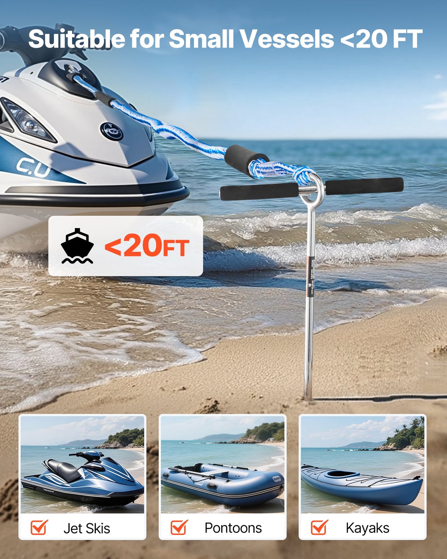 Sand Anchor, 18 in Stainless Steel Beach Anchor, Screw in Sand Boat Anchors with Spiral Blade, Shallow Water Boat Auger Anchors, for Securing Jet Ski PWC Pontoon Kayak on Beaches and Sandbars