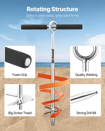 Sand Anchor, 18 in Stainless Steel Beach Anchor, Screw in Sand Boat Anchors with Spiral Blade, Shallow Water Boat Auger Anchors, for Securing Jet Ski PWC Pontoon Kayak on Beaches and Sandbars