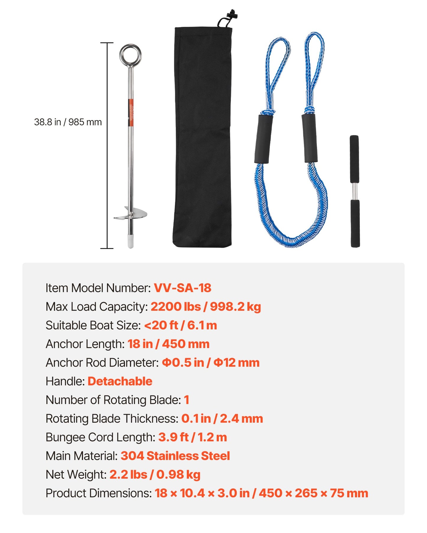 Sand Anchor, 18 in Stainless Steel Beach Anchor, Screw in Sand Boat Anchors with Spiral Blade, Shallow Water Boat Auger Anchors, for Securing Jet Ski PWC Pontoon Kayak on Beaches and Sandbars