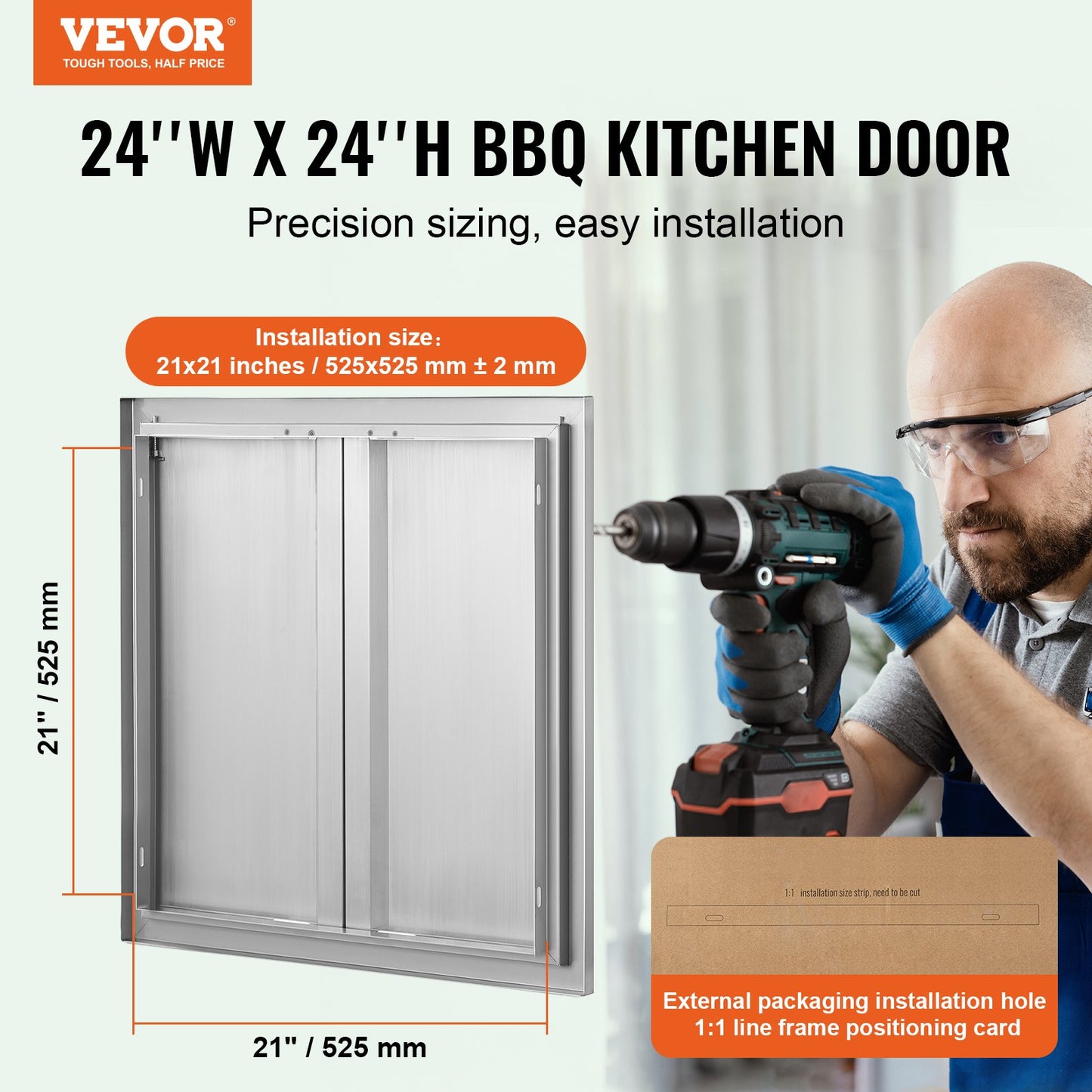 BBQ access door, 610x610 mm double outdoor kitchen door, stainless steel recessed door, vertical wall door with recessed handles, for BBQ Island, grill station, outdoor cabinet