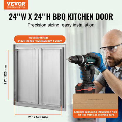 BBQ access door, 610x610 mm double outdoor kitchen door, stainless steel recessed door, vertical wall door with recessed handles, for BBQ Island, grill station, outdoor cabinet