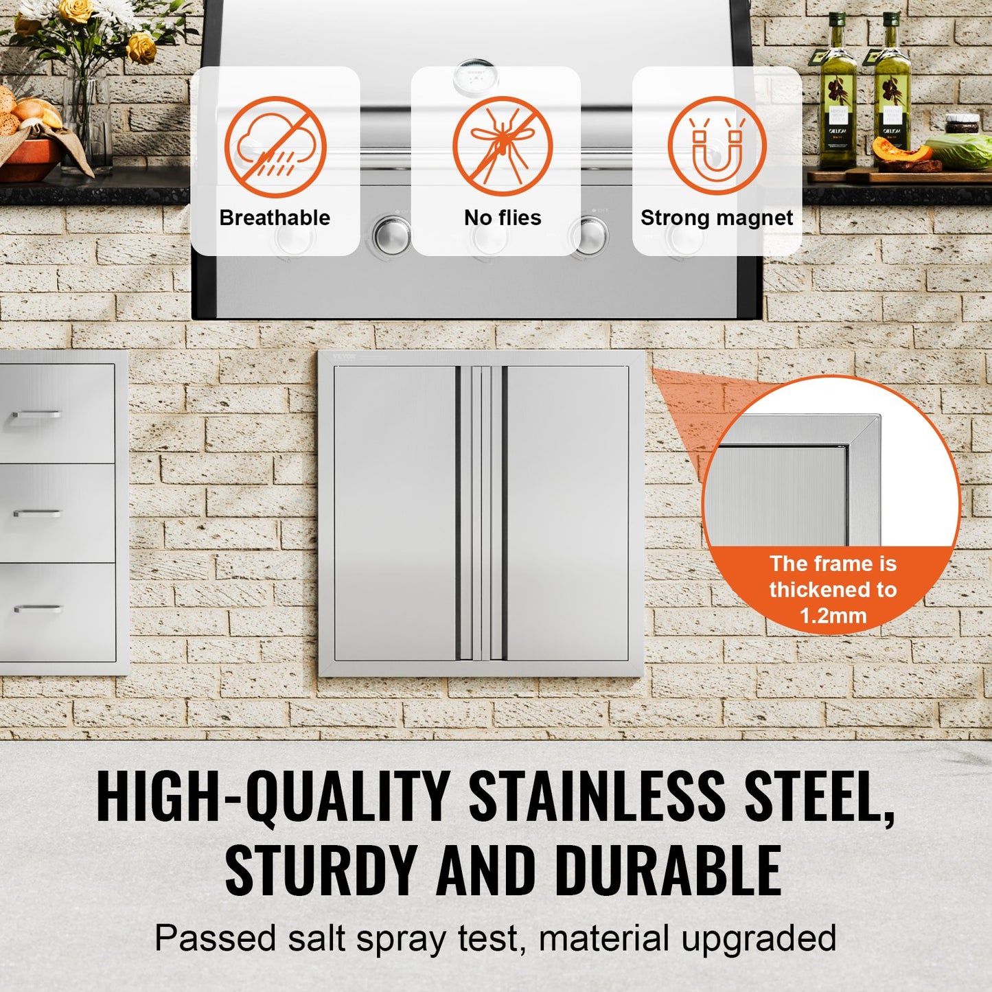 BBQ access door, 610x610 mm double outdoor kitchen door, stainless steel recessed door, vertical wall door with recessed handles, for BBQ Island, grill station, outdoor cabinet