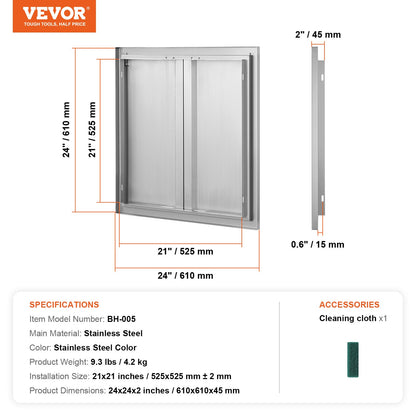 BBQ access door, 610x610 mm double outdoor kitchen door, stainless steel recessed door, vertical wall door with recessed handles, for BBQ Island, grill station, outdoor cabinet