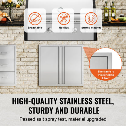 BBQ Access Door, 26W x 24H Inch Double Outdoor Kitchen Door, Stainless Steel Flush Mount Door, Wall Vertical Door with Recessed Handles , for BBQ Island, Grilling Station, Outside Cabinet