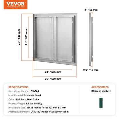 BBQ Access Door, 26W x 24H Inch Double Outdoor Kitchen Door, Stainless Steel Flush Mount Door, Wall Vertical Door with Recessed Handles , for BBQ Island, Grilling Station, Outside Cabinet