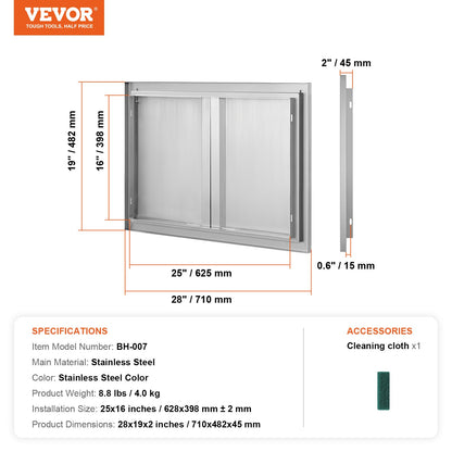 BBQ Access Door, 28W x 19H Inch Double Outdoor Kitchen Door, Stainless Steel Flush Mount Door, Wall Vertical Door with Recessed Handles , for BBQ Island, Grilling Station, Outside Cabinet