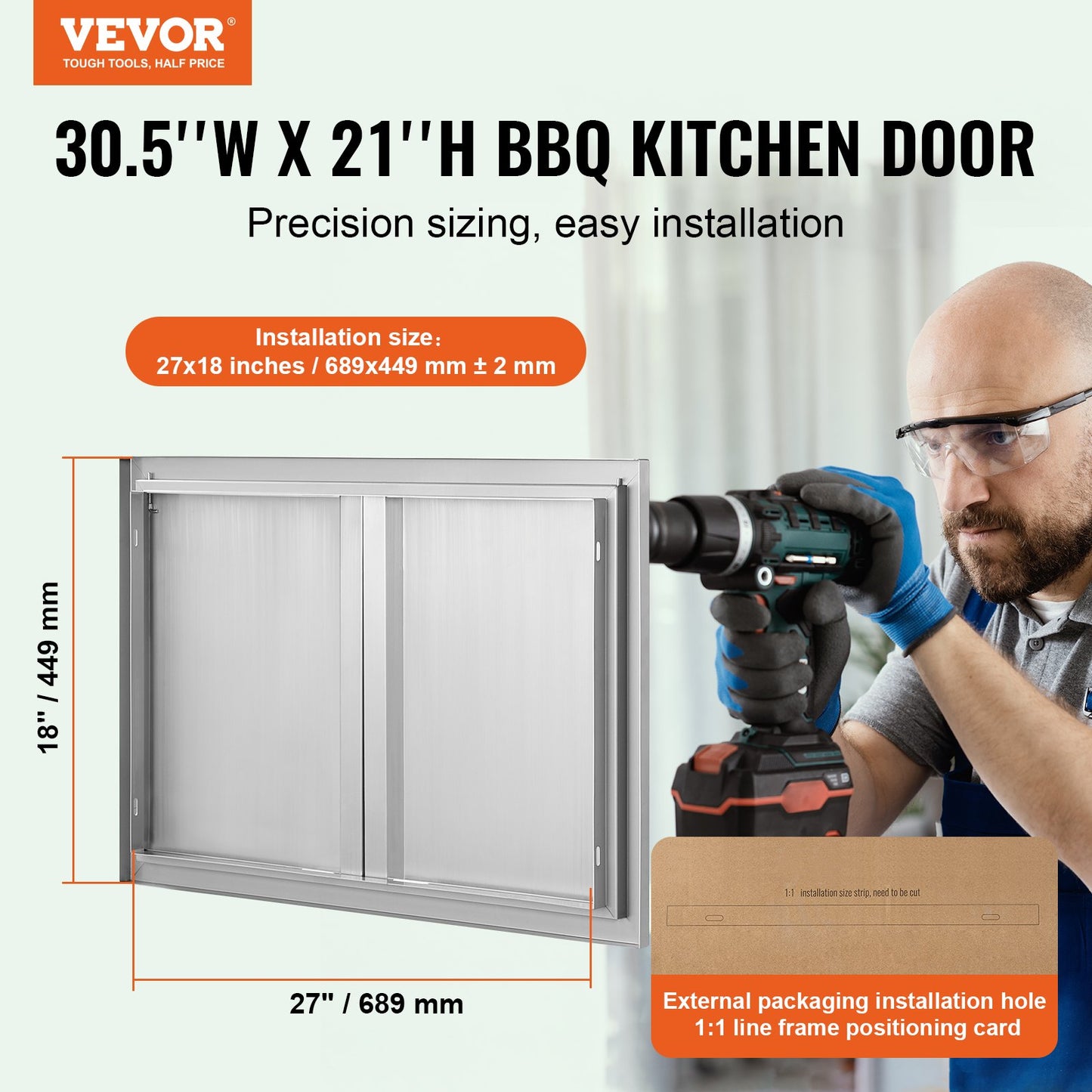 BBQ-Zugangstür, 774x532 mm Doppelte Außenküchentür, Edelstahl-Einbautür, Vertikale Wandtür mit eingelassenen Griffen, für BBQ-Insel, Grillstation, Außenschrank