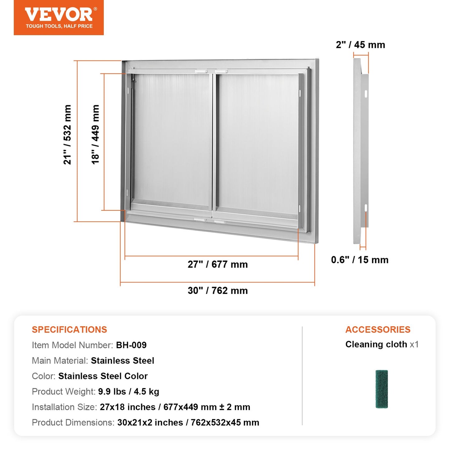 BBQ Access Door, 30W x 21H Inch Double Outdoor Kitchen Door, Stainless Steel Flush Mount Door, Wall Vertical Door with Recessed Handles , for BBQ Island, Grilling Station, Outside Cabinet