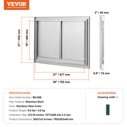 BBQ Access Door, 30W x 21H Inch Double Outdoor Kitchen Door, Stainless Steel Flush Mount Door, Wall Vertical Door with Recessed Handles , for BBQ Island, Grilling Station, Outside Cabinet