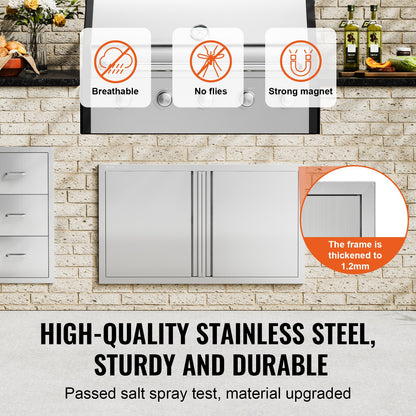 BBQ Access Door, 36W x 21H Inch Double Outdoor Kitchen Door, Stainless Steel Flush Mount Door, Wall Vertical Door with Recessed Handles , for BBQ Island, Grilling Station, Outside Cabinet